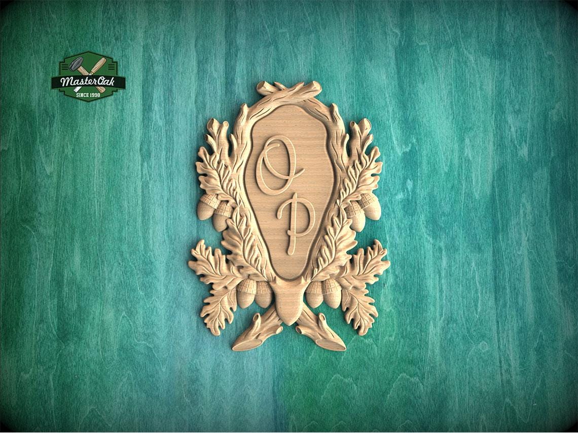 Personalized Wooden Medallion Onlay, Rustic Oak and Acorn Design, Wood Onlay with Acorn Motif, 1 pc, Unpainted, Home Wall Embellishments