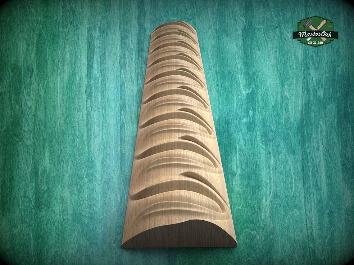 A wooden carving of a curved, textured piece of wood is displayed against a green background.