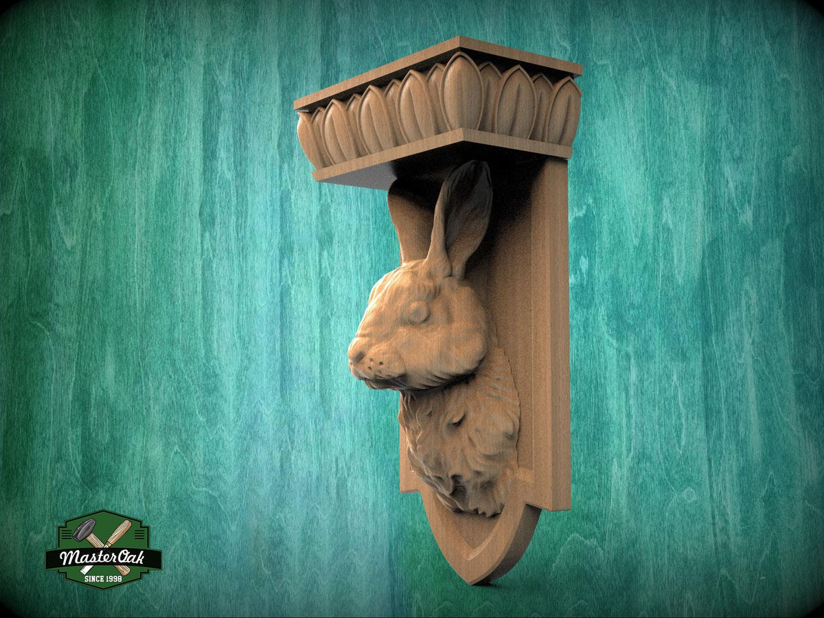 Carved Wooden Rabbit Corbel, Rustic Bunny Shelf Support