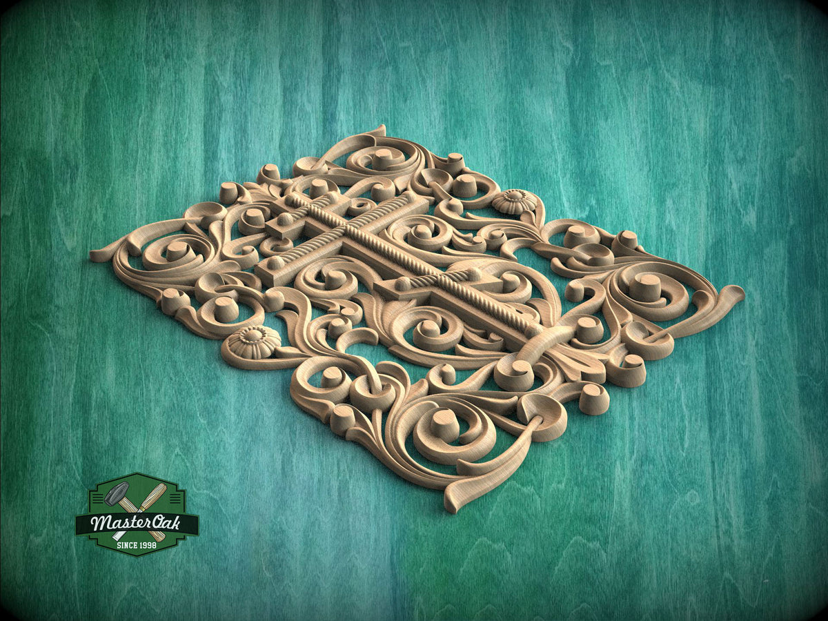 an ornate, carved wooden design with intricate scrollwork and patterns, set against a green background.