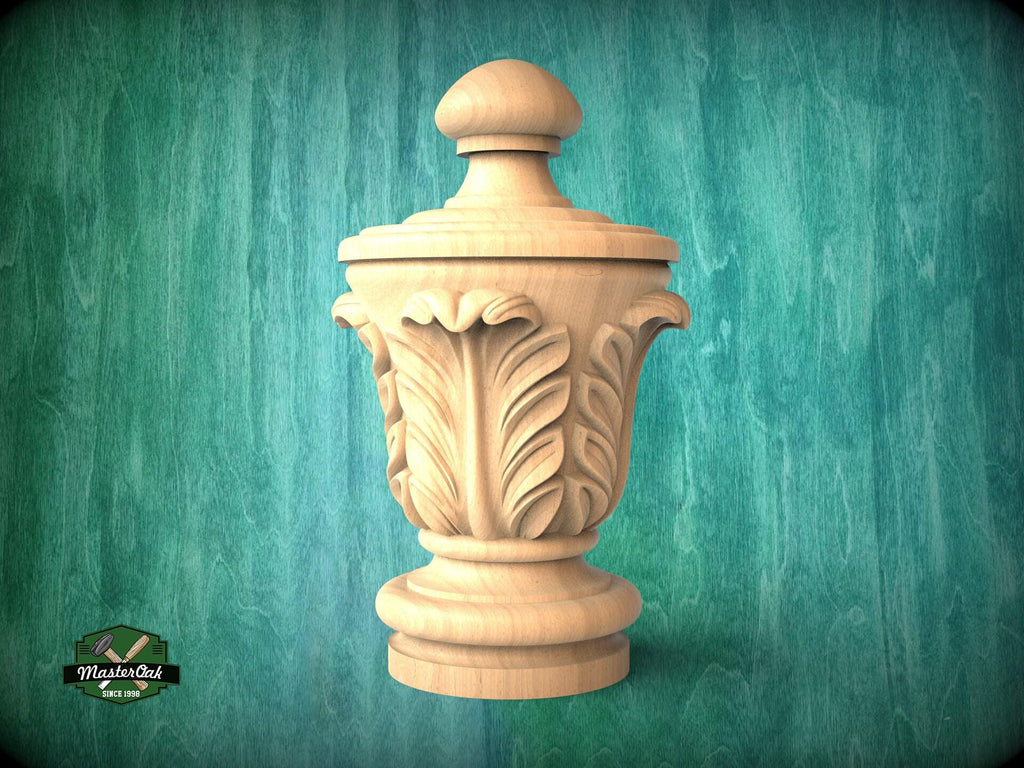 Unpainted Hardwood Finial with Acanthus Leaves, Newel Post Cap