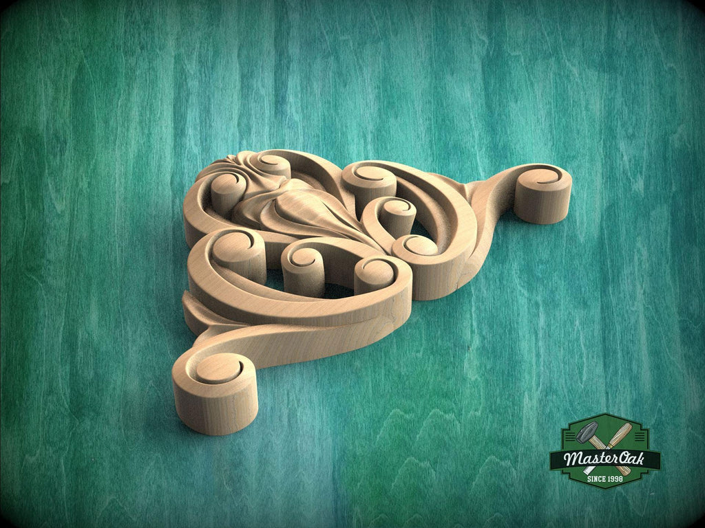 A wooden carving with intricate swirls and curves is displayed against a green background.
