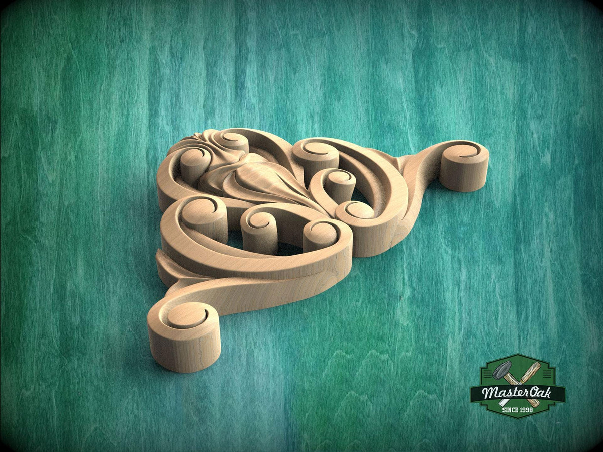 A wooden carving with intricate swirls and curves is displayed against a green background.