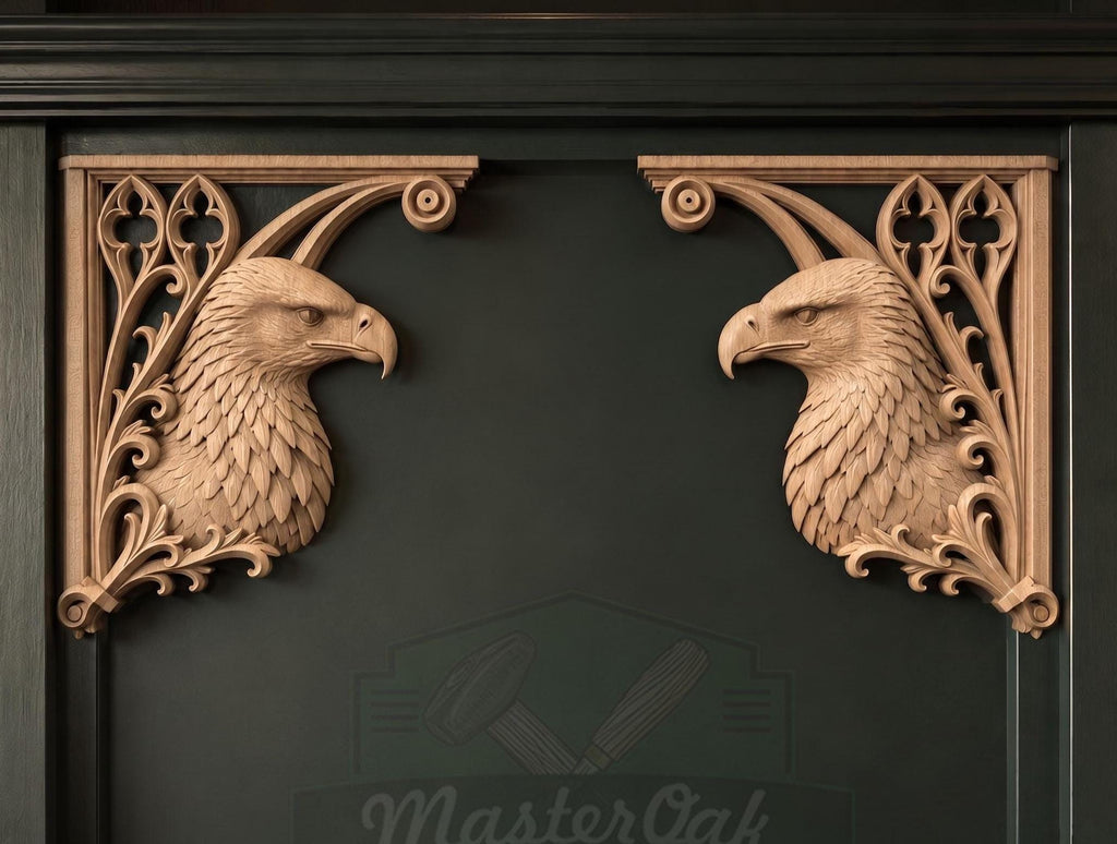 Carved Wood Eagle Corner Onlays, Mirrored Pair with Gothic Scrollwork