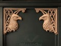 Carved Wood Eagle Corner Onlays, Mirrored Pair with Gothic Scrollwork