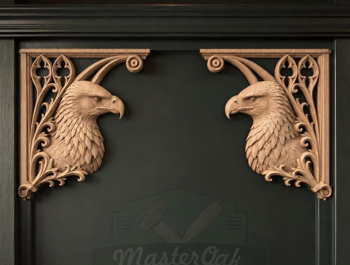 Carved Wood Eagle Corner Onlays, Mirrored Pair with Gothic Scrollwork