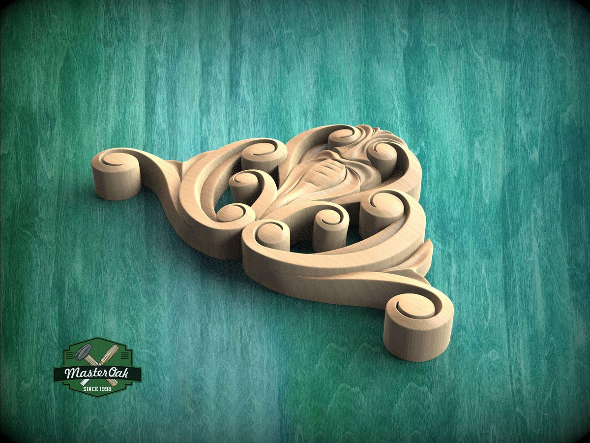 A wooden carving with intricate scrollwork is displayed against a teal background.