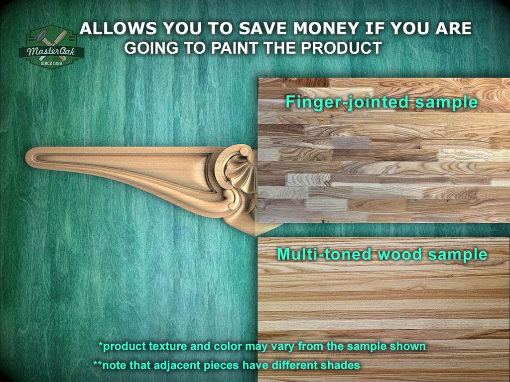 The image is a promotional advertisement for Master Oak, a company that sells wood products. It features a close-up of a wooden surface with a carved design, along with a sample of the product. The text on the image provides information about the product, including the cost savings of painting the product and the variety of wood textures and colors available.