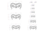 a series of ornate, decorative designs or patterns, each accompanied by a set of measurements or dimensions. The designs are intricate and visually appealing, showcasing the craftsmanship and attention to detail.
