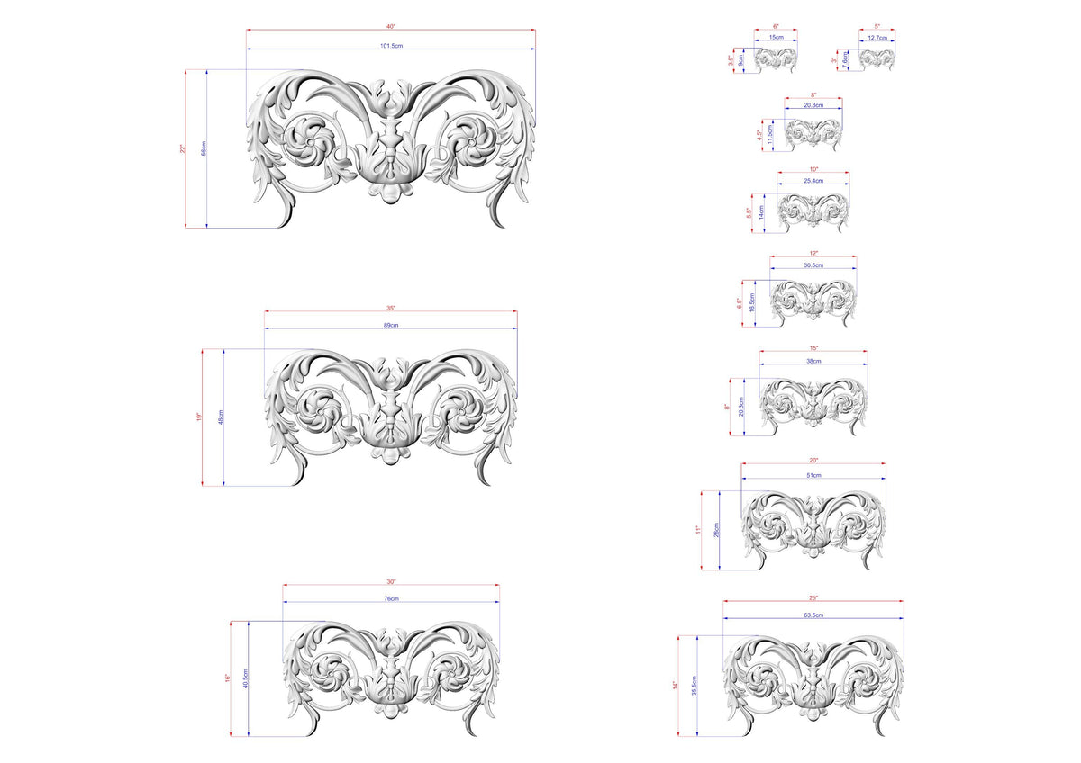 a series of ornate, decorative designs or patterns, each accompanied by a set of measurements or dimensions. The designs are intricate and visually appealing, showcasing the craftsmanship and attention to detail.