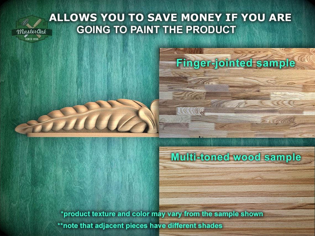The image is a promotional advertisement for Master Oak, a company that sells wood products. It features a close-up of a wooden leaf and a sample of a multi-toned wood sample, along with text that provides information about the products.