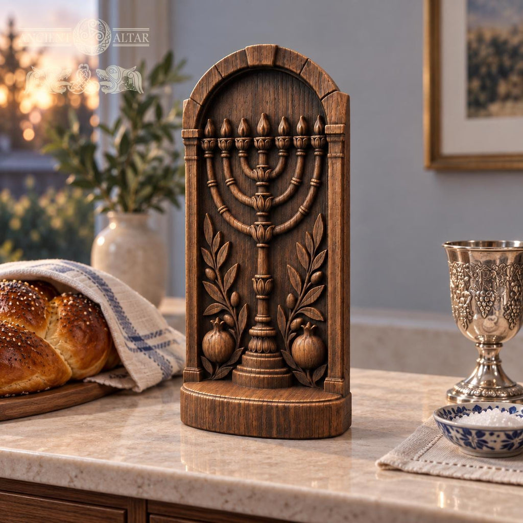 Menorah Oak Wood Sculpture, Seven Branch Menorah with Olive Branches and Pomegranates, Judaica Decor, Jewish Housewarming Gift