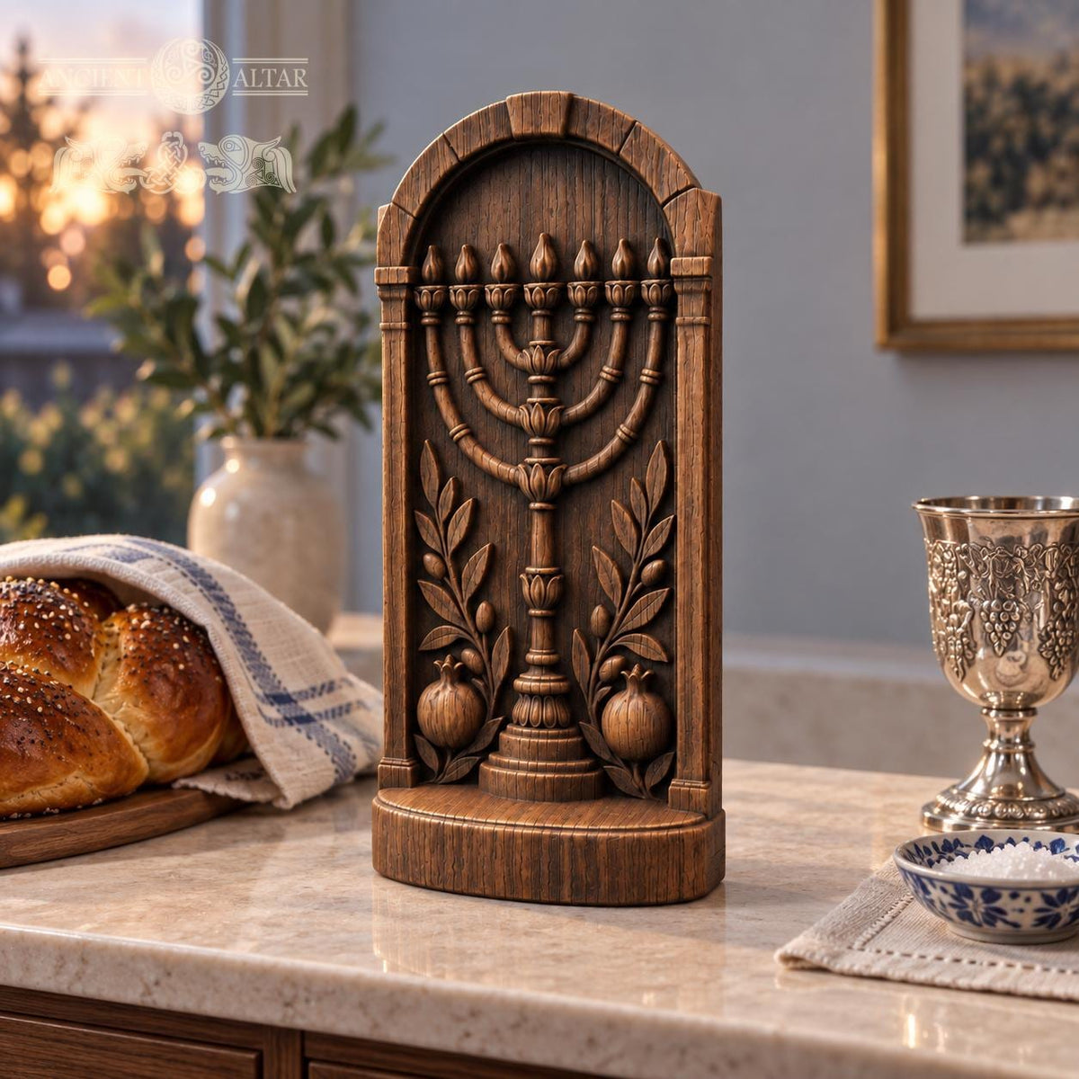 Menorah Oak Wood Sculpture, Seven Branch Menorah with Olive Branches and Pomegranates, Judaica Decor, Jewish Housewarming Gift