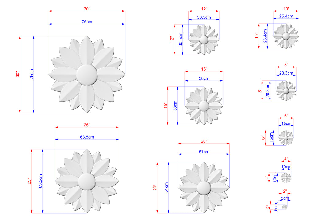 various sizes of white flower-like sculptures, each with its own set of dimensions and measurements. The sculptures are arranged in a grid-like pattern, providing a visual representation of the different sizes and shapes of the flower-like designs.