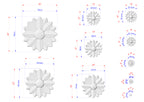 various sizes of white flower-like sculptures, each with its own set of dimensions and measurements. The sculptures are arranged in a grid-like pattern, providing a visual representation of the different sizes and shapes of the flower-like designs.