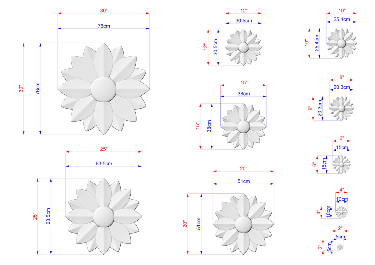 various sizes of white flower-like sculptures, each with its own set of dimensions and measurements. The sculptures are arranged in a grid-like pattern, providing a visual representation of the different sizes and shapes of the flower-like designs.