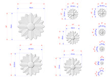 Load image into Gallery viewer, various sizes of white flower-like sculptures, each with its own set of dimensions and measurements. The sculptures are arranged in a grid-like pattern, providing a visual representation of the different sizes and shapes of the flower-like designs.
