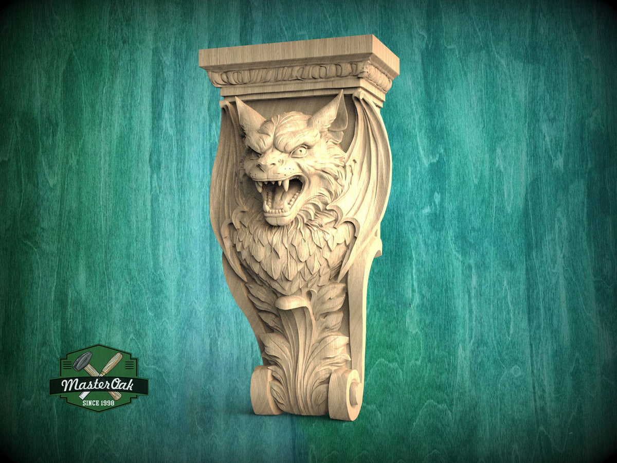 A carved wooden bat-like sculpture with a fierce expression stands against a green background.