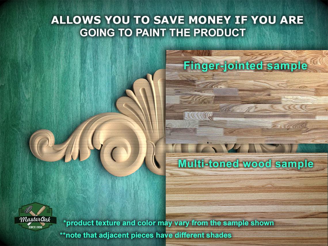 The image is a collage of two wood samples, one with a finger-joined sample and the other with a multi-toned wood sample. The text above the samples states that the product allows you to save money if you are going to paint the product. The samples are labeled with their respective names, and the text below the samples provides information about the product texture and color, noting that the product texture and color may vary from the sample shown and that adjacent pieces have different shades.