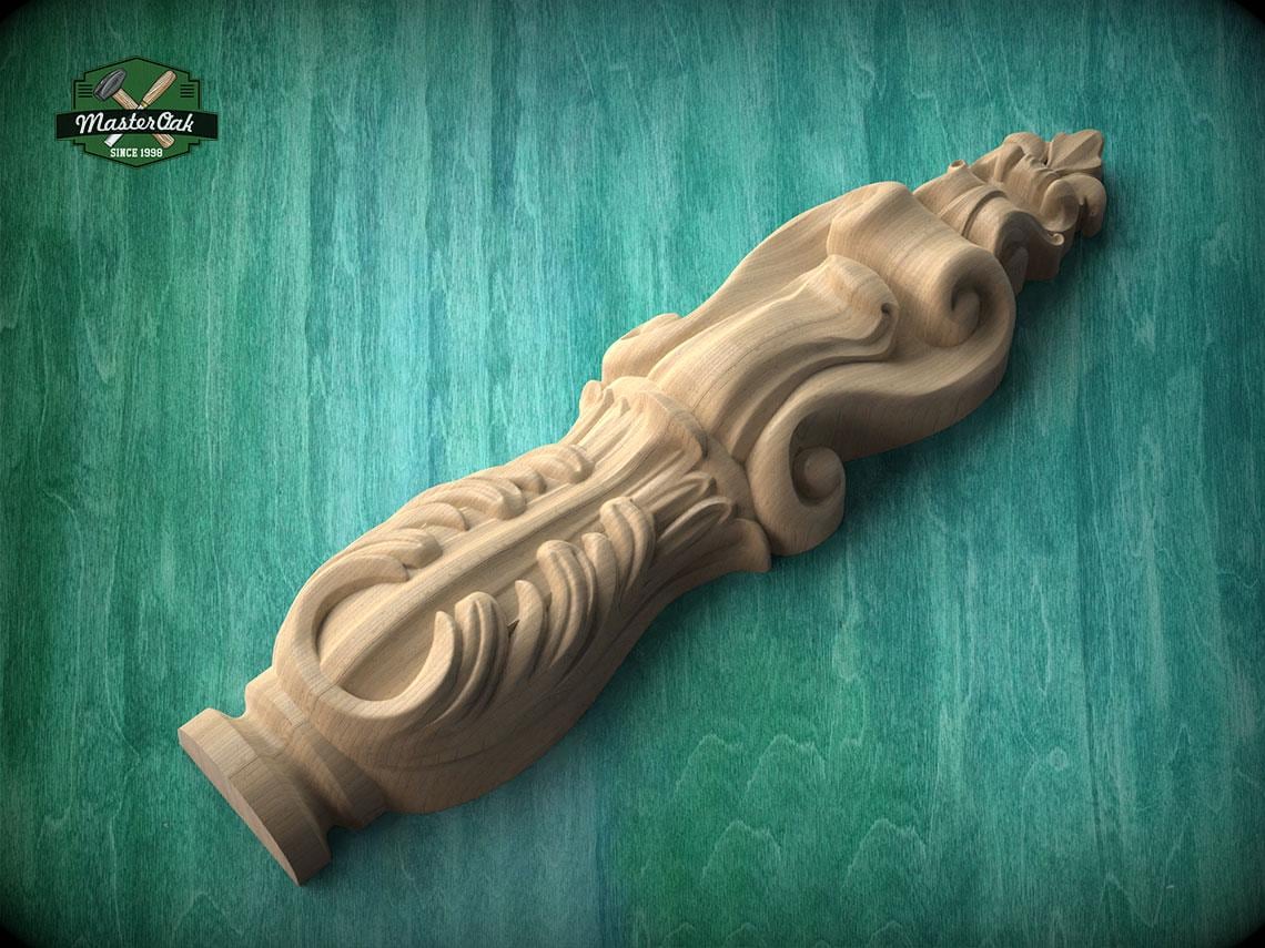 A wooden carving with intricate designs is displayed against a green background.