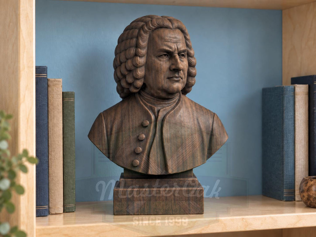 Johann Sebastian Bach Bust, Hand-Finished Wood Sculpture | Baroque Composer Decor