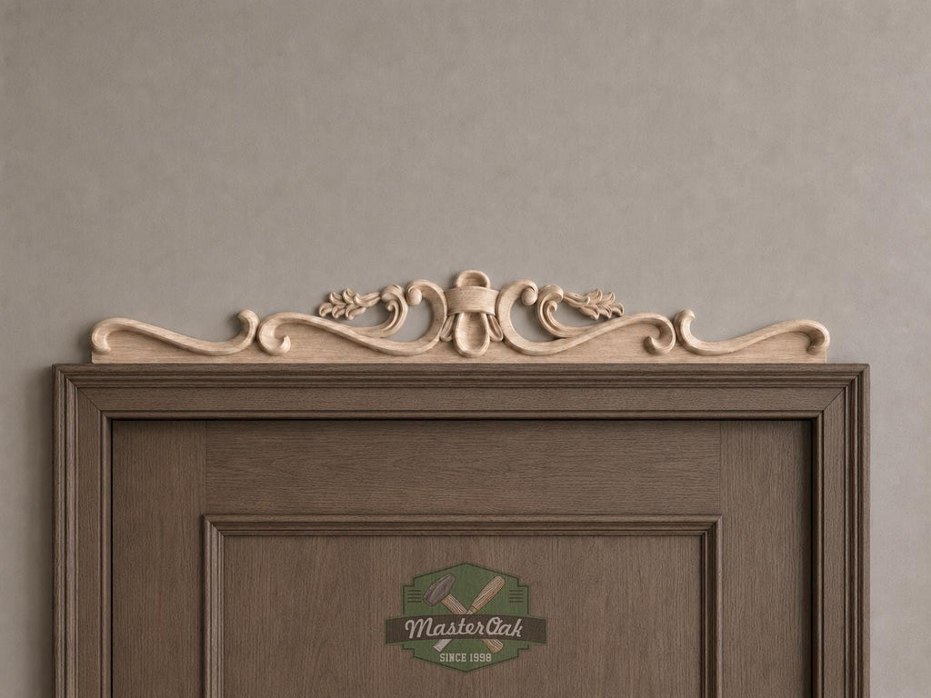 Classical Wood Door Header, Ribbon and Scroll Wood Applique for Above Door Decor, Decorative Pediment over Door