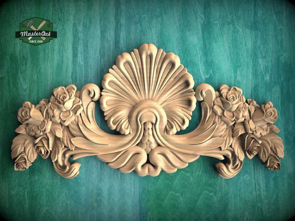Seashell and Rosebud Symphony Wood Carving, Roses and Shell Carved Applique, 1 pc, Unpainted, decorative wood onlay