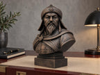 Genghis Khan Bust | Carved & Hand-Finished Wood Statue | Mongolian History Decor