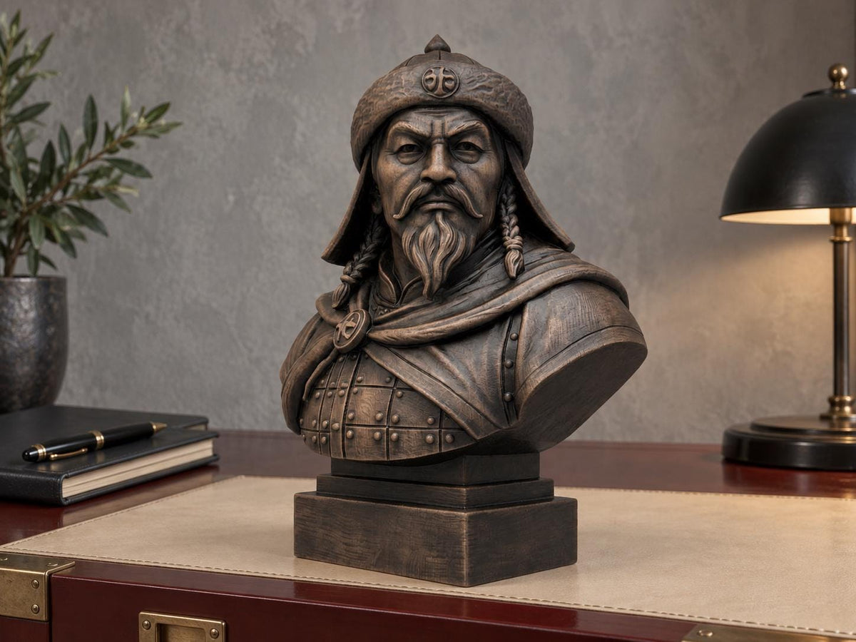 Genghis Khan Bust | Carved & Hand-Finished Wood Statue | Mongolian History Decor