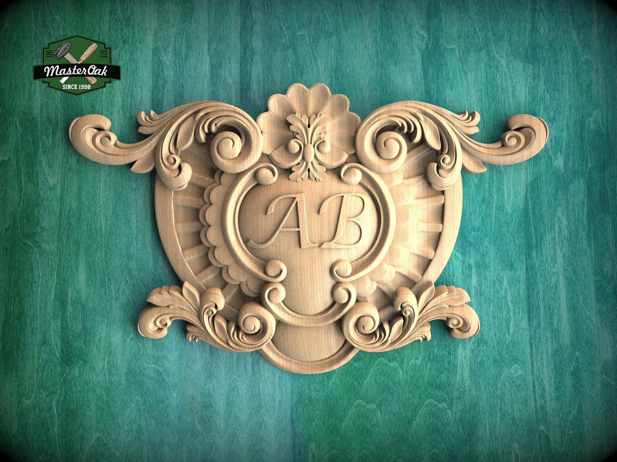 Personalized Antique Style Natural Wood Onlay - Detailed Scroll and Floral Central Overlay, 1pc, Unpainted, carved decoration, wooden onlay