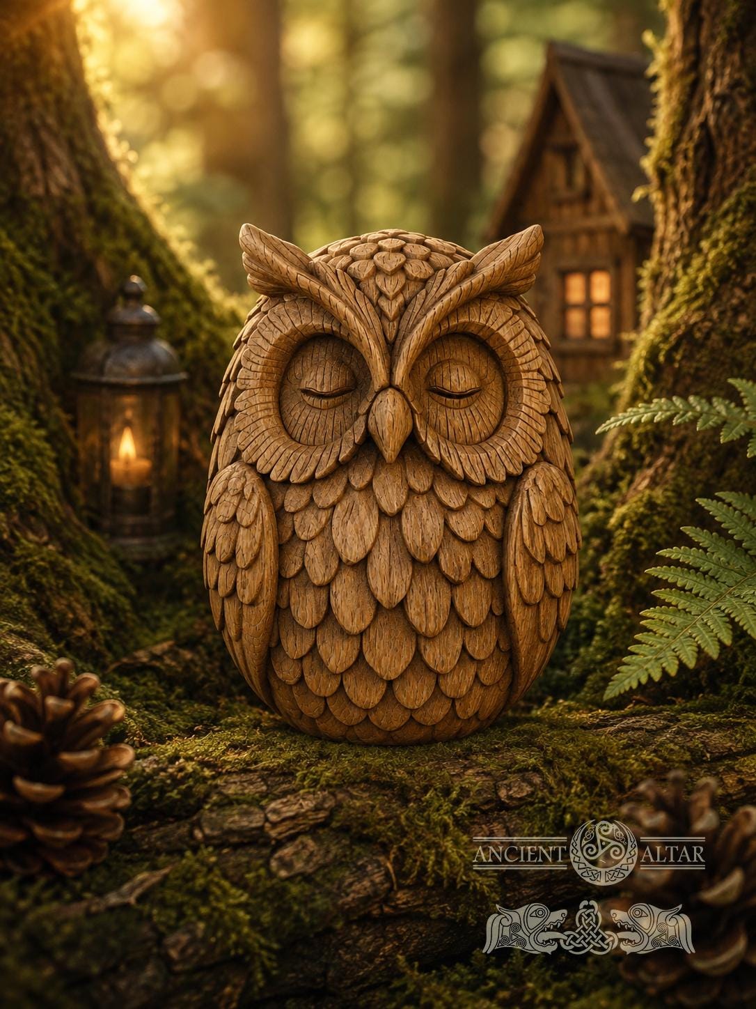 Wooden Owl Figurine, Oak Forest Guardian, Sleeping Owl Statue, Woodland Decor, Meditation Gift, Cozy Shelf Decor