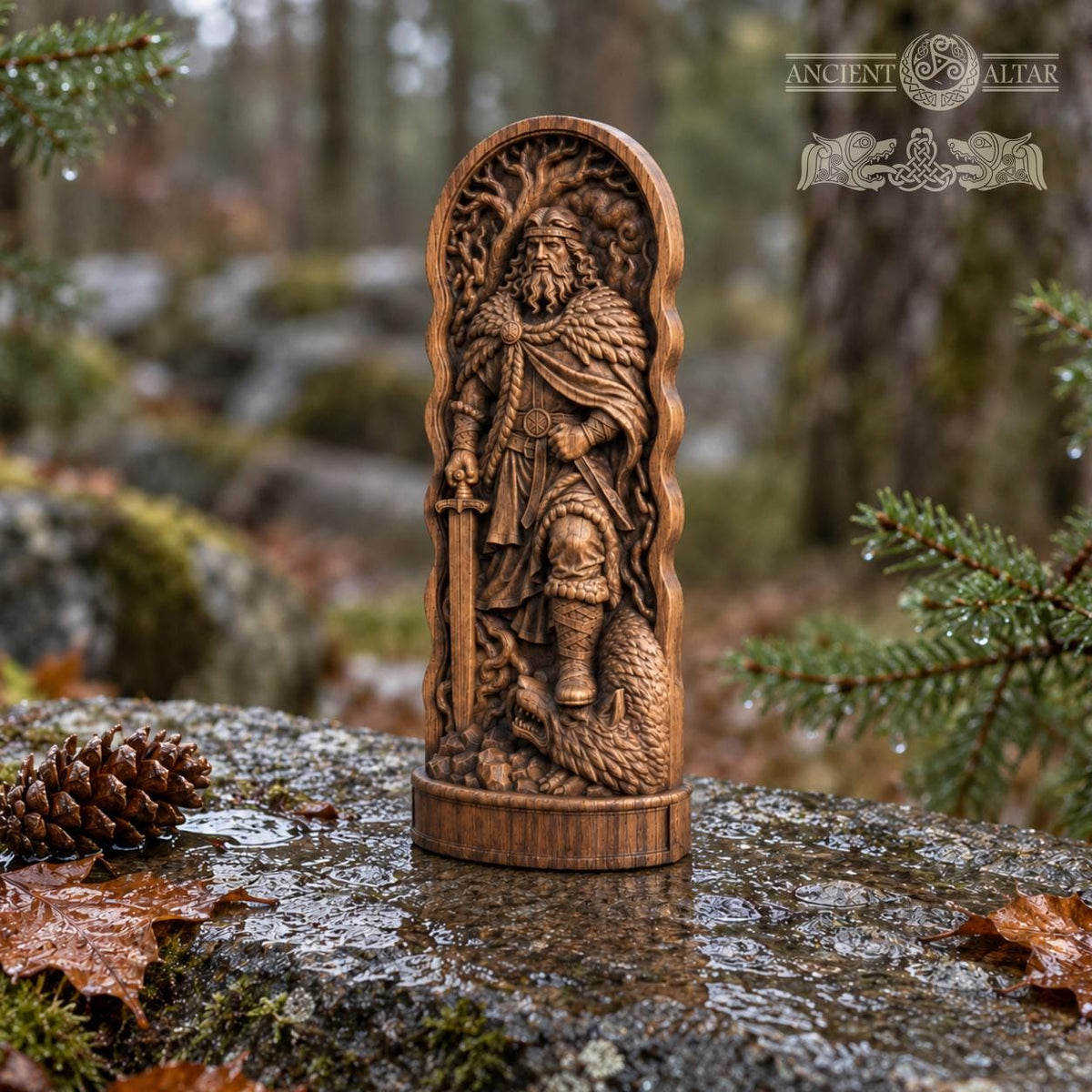 Carved Vidar Figure – Norse God of Vengeance, Viking Pagan Altar Decor, Wooden Mythology Statue