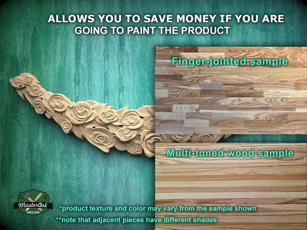 The image is a collage of two photos. The top photo shows a wooden sample with a finger-jointed design, and the bottom photo displays a multi-toned wood sample. The text above the photos states that the product texture and color may vary from the sample shown, and there is a note that adjacent pieces have different shades.
