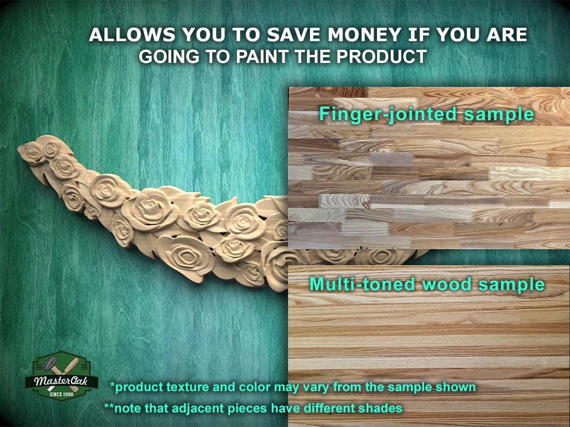 The image is a collage of two photos. The top photo shows a wooden sample with a finger-jointed design, and the bottom photo displays a multi-toned wood sample. The text above the photos states that the product texture and color may vary from the sample shown, and there is a note that adjacent pieces have different shades.