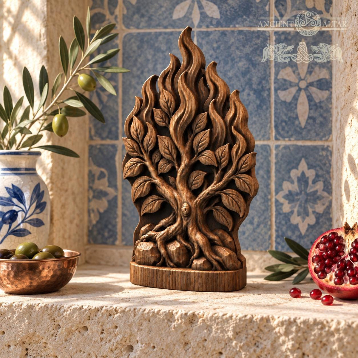 Burning Bush Oak Wood Sculpture, Biblical Tree with Flames, Judaica Decor, Exodus Inspired Wooden Relief, Religious Gift