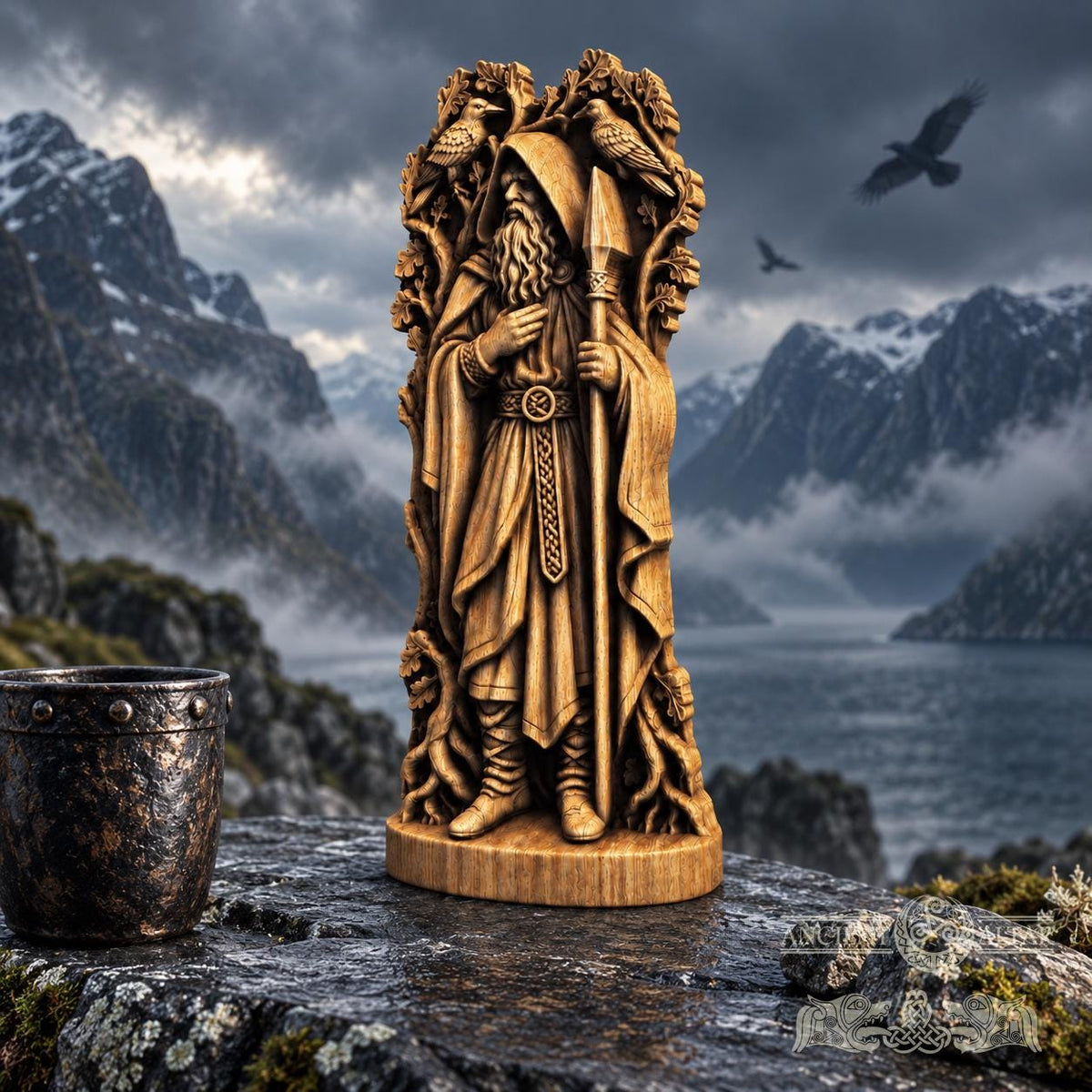 Hooded Odin Wooden Statue with Ravens, Norse Wanderer Figurine, Wotan Viking Sculpture, Pagan Altar Decor, Gungnir Gift
