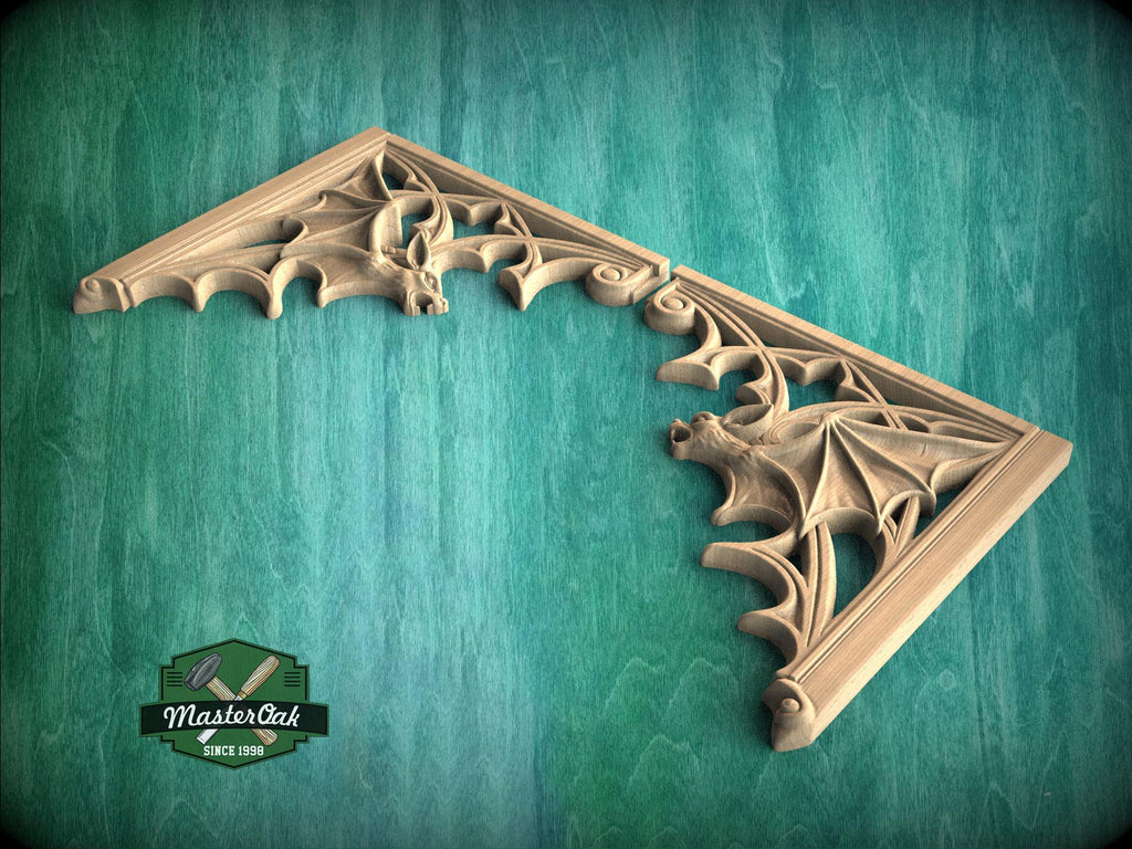 Gothic Bat Corner Brackets – Wooden Arch Decor for Cabinet or Door Frame, Set of 2pcs