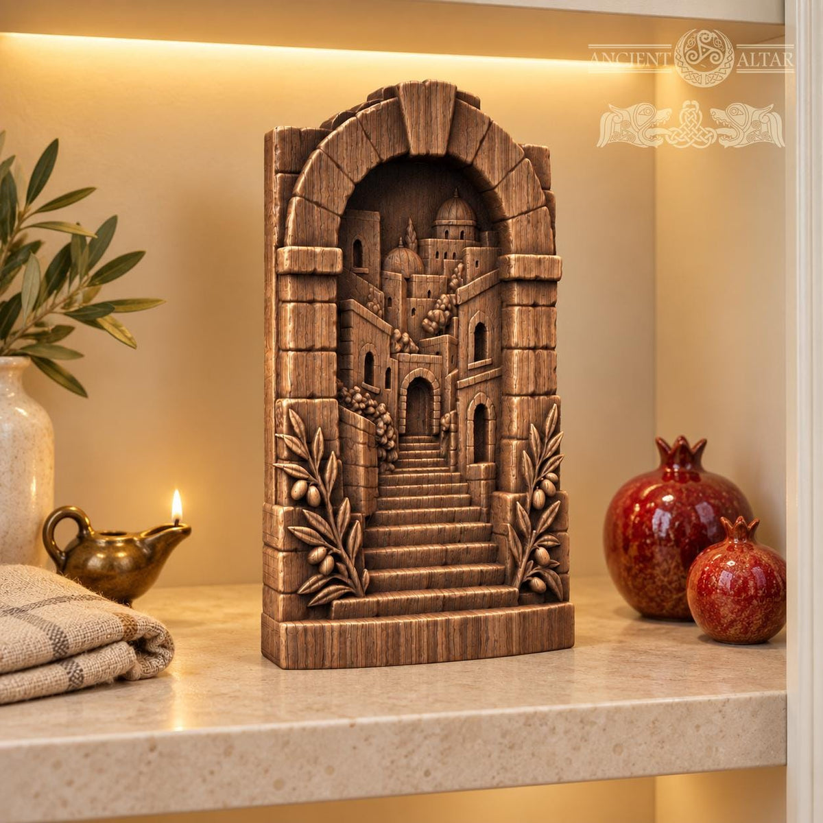 Jerusalem Old City Wood Relief, Solid Oak Architectural Sculpture with Stone Arch and Olive Branches, Judaica Housewarming Gift