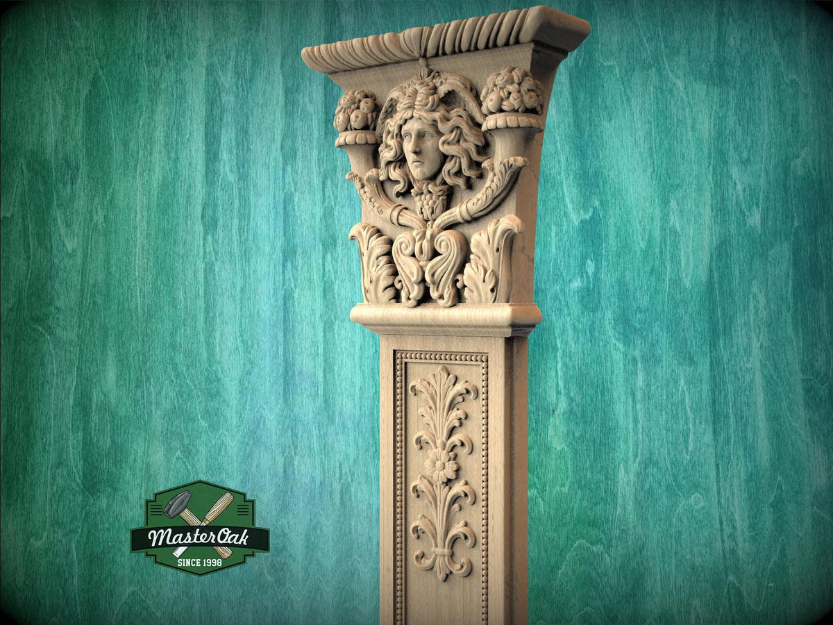 Carved Wood Pilaster with Medusa – Decorative Column for Fireplace, Doorway & Wall Panel