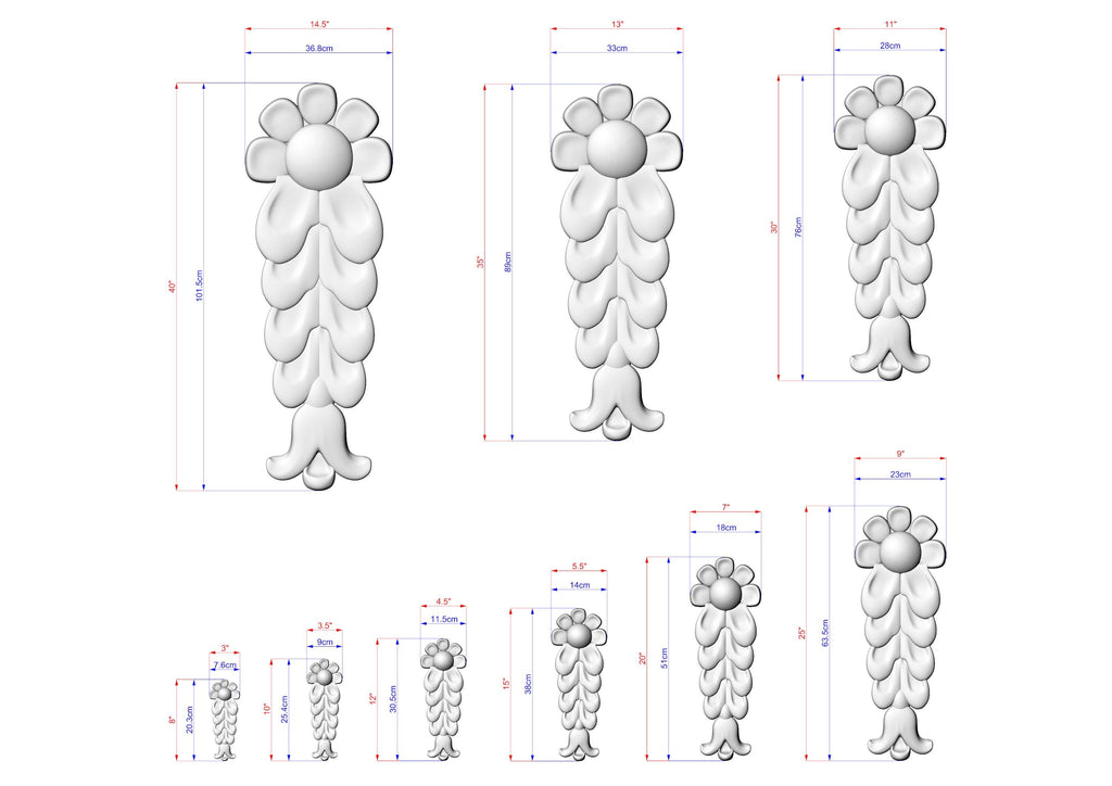 a collection of flower-shaped designs, each accompanied by its own set of measurements. The designs vary in size, ranging from small to large, and are arranged in a grid-like pattern. The image does not contain any text or additional objects, and the focus is solely on the flower-shaped designs and their corresponding dimensions.