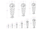 a collection of flower-shaped designs, each accompanied by its own set of measurements. The designs vary in size, ranging from small to large, and are arranged in a grid-like pattern. The image does not contain any text or additional objects, and the focus is solely on the flower-shaped designs and their corresponding dimensions.