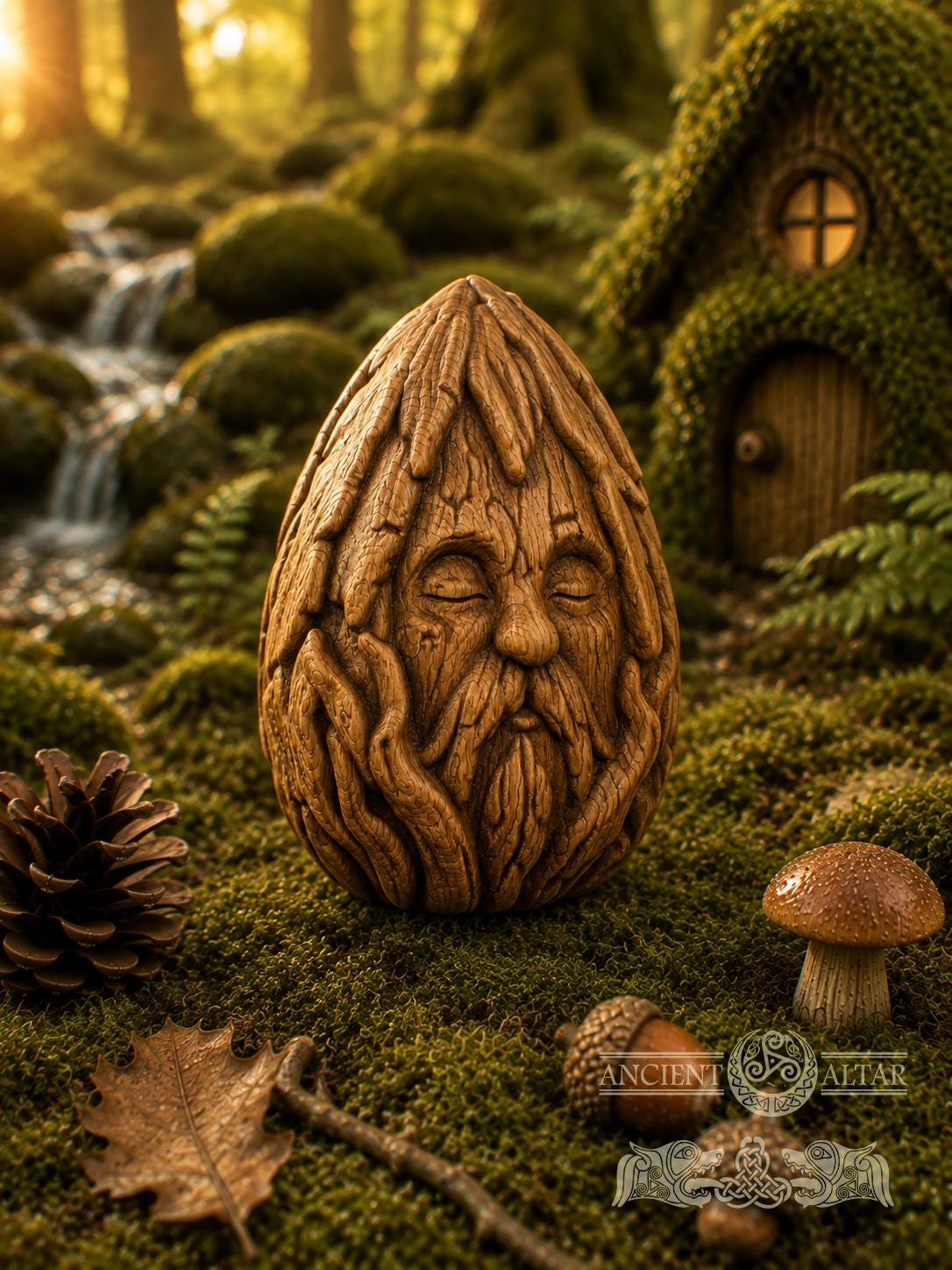 Wooden Forest Spirit Figurine – Ancient Bark Sage, Woodland Guardian Decor