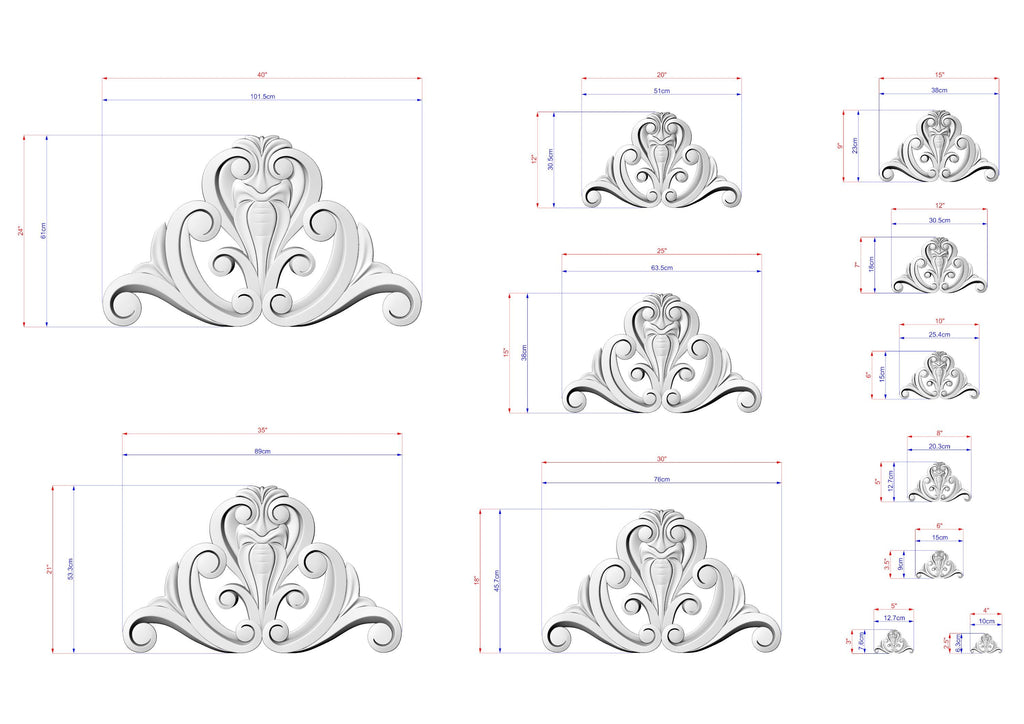 a collection of ornate, decorative designs in a monochromatic color scheme, with various sizes and shapes. The designs are detailed with measurements and scale drawings, suggesting they are intended for use in a design or architectural context.