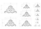 a collection of ornate, decorative designs in a monochromatic color scheme, with various sizes and shapes. The designs are detailed with measurements and scale drawings, suggesting they are intended for use in a design or architectural context.