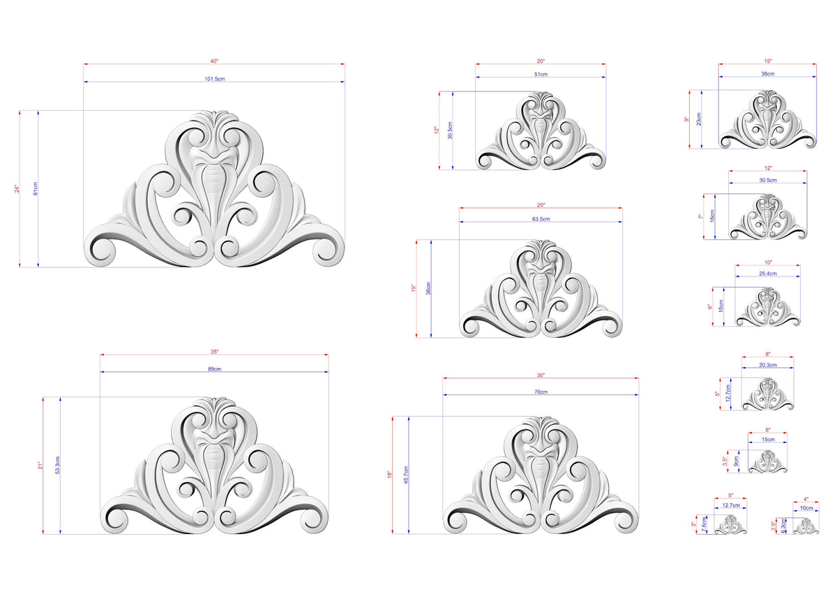 a collection of ornate, decorative designs in a monochromatic color scheme, with various sizes and shapes. The designs are detailed with measurements and scale drawings, suggesting they are intended for use in a design or architectural context.