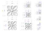 various sizes of white flower-shaped sculptures, each with its own set of dimensions and measurements. The sculptures are arranged in a grid-like pattern, providing a visual representation of the different sizes available.