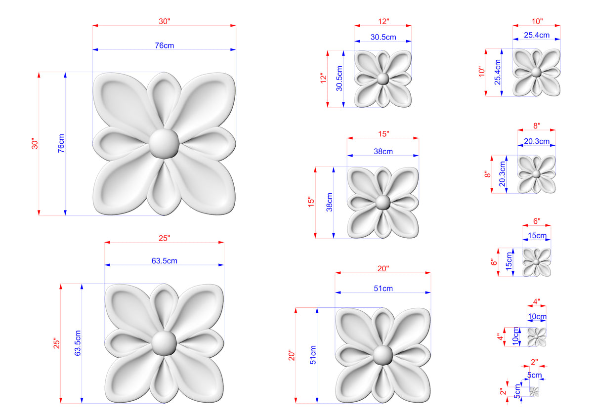 various sizes of white flower-shaped sculptures, each with its own set of dimensions and measurements. The sculptures are arranged in a grid-like pattern, providing a visual representation of the different sizes available.