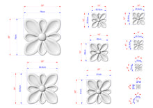 Load image into Gallery viewer, various sizes of white flower-shaped sculptures, each with its own set of dimensions and measurements. The sculptures are arranged in a grid-like pattern, providing a visual representation of the different sizes available.
