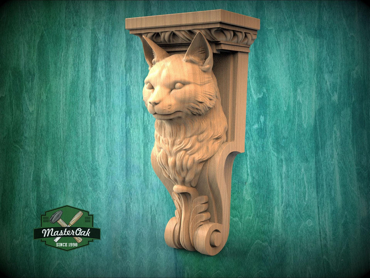 Carved wooden cat corbel with detailed feline head and scroll base, shown in natural wood finish against textured background