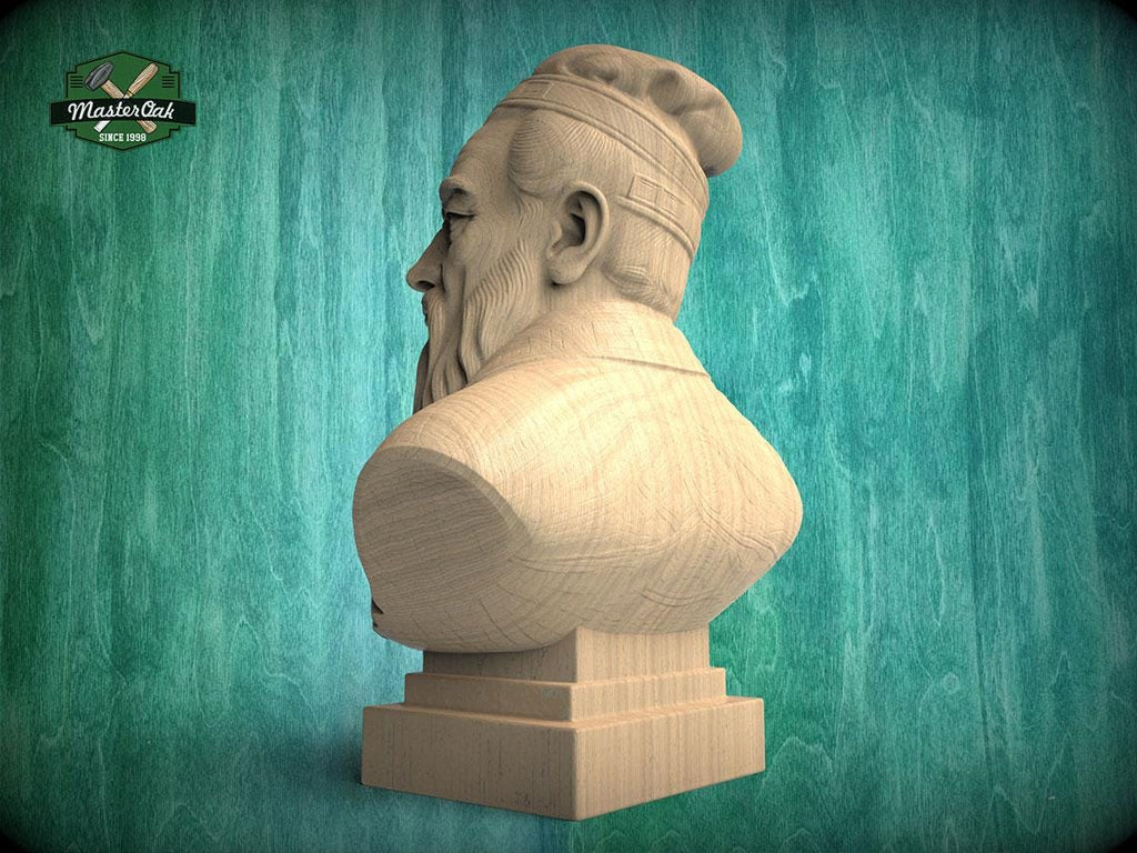 Confucius Bust | Carved & Hand-Finished Wood Statue | Chinese Philosophy Decor
